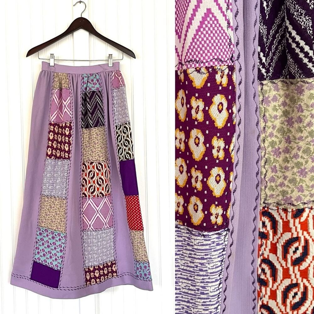 Vintage 1960's Lavender Patchwork Maxi Skirt Retro Fabrics Funky Colorful Purple